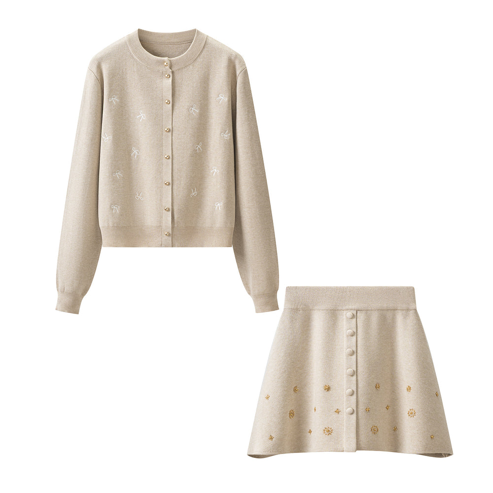 Women's Embroidered Long Sleeve Knit Cardigan and A-Line Mini Skirt Two-Piece Set — détail
