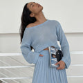 Hollow-out Knit Two-Piece Set Women Relaxed Sweater Pleated Mini Skirt — coloris 26119-Blue
