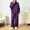 Solid color stand up collar sweater wide leg pants two-piece set for women — coloris Purple