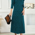 Robe mi-longue vintage imprimé léopard, col rond et manches longues – Style casual japonais et coréen — coloris Sea Blue