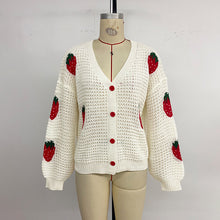 Vue produit — Cardigan tricoté femme à motif jacquard fraise, manches longues et col en V