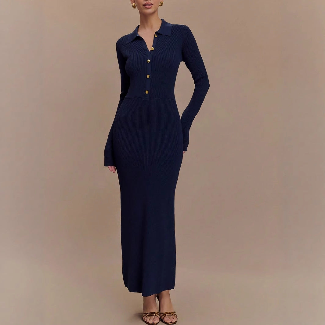 Robe longue en maille tricotée femme, slim fit, boutonnage – Élégante et chic automne-hiver — Détail produit