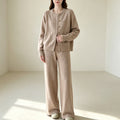 Zipper knit sweater wide leg straight leg pants solid color two-piece set — coloris Khaki