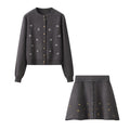 Women's Embroidered Long Sleeve Knit Cardigan and A-Line Mini Skirt Two-Piece Set — coloris Charcoal Gray Suit