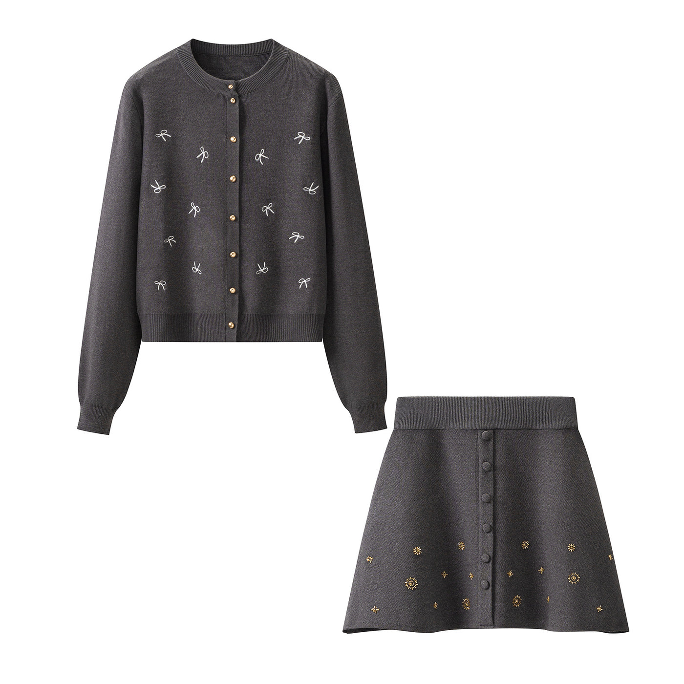 Women's Embroidered Long Sleeve Knit Cardigan and A-Line Mini Skirt Two-Piece Set — Détail produit