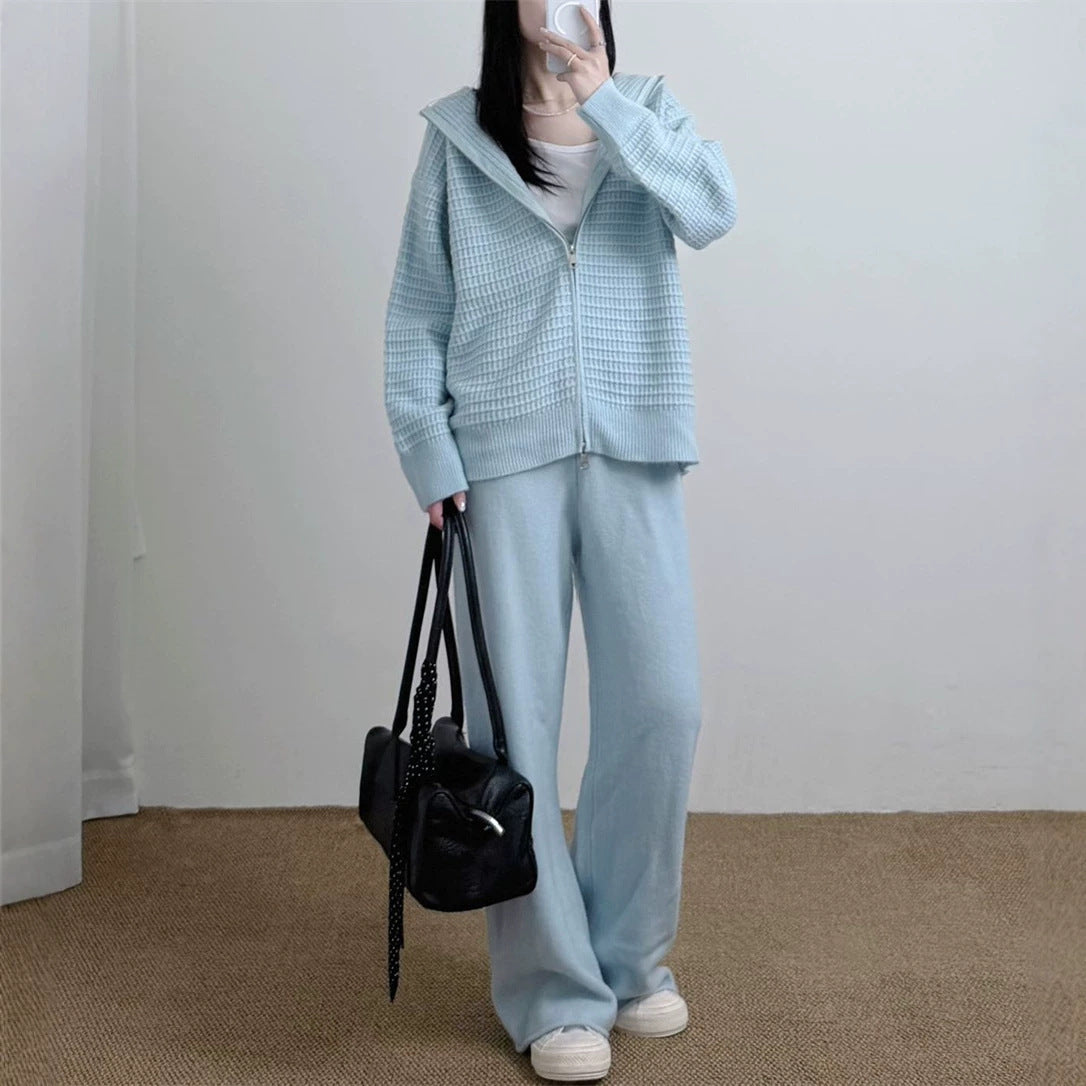 Hooded cardigan sweater loose wide leg pants set — Détail produit