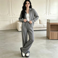 Double zipper knitted sweater cardigan wide leg pants two-piece set for women — coloris Light Gray