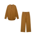 V-neck linen striped shirt+pants set for women — coloris Light Brown Set