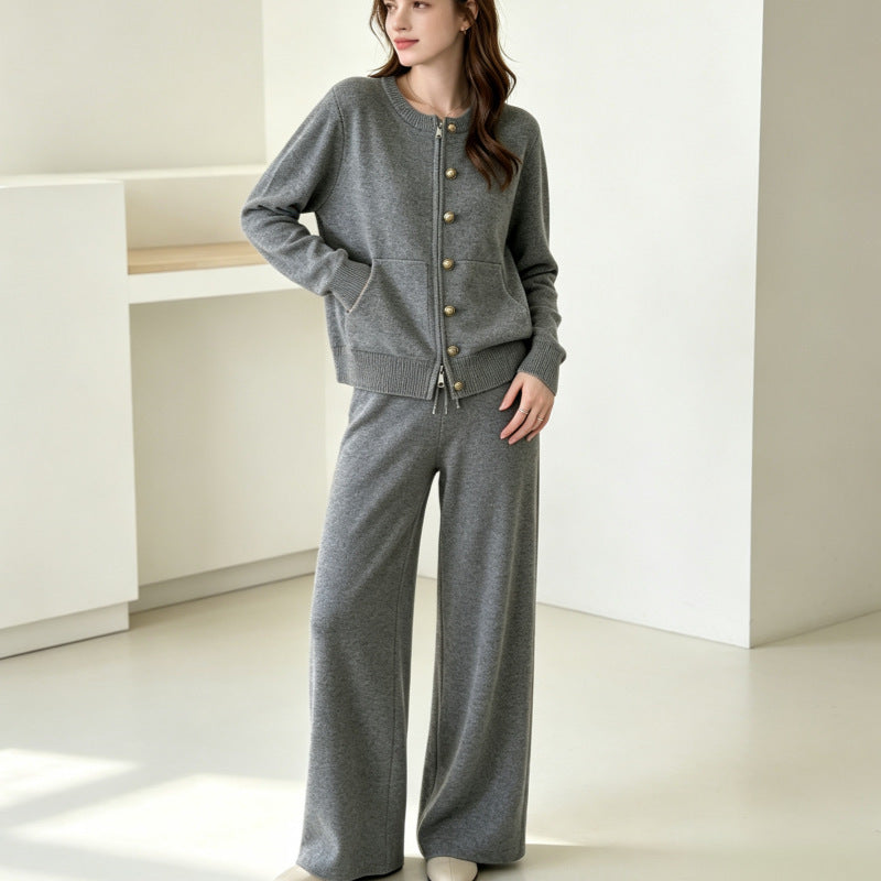 Zipper knit sweater wide leg straight leg pants solid color two-piece set — détail