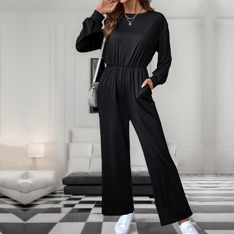 Casual  Solid Color Long Sleeve Pocket Draping Jumpsuit for Women — détail
