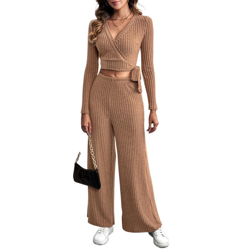 Textured Long Sleeve Tie Women's Two-Piece Set — Détail produit