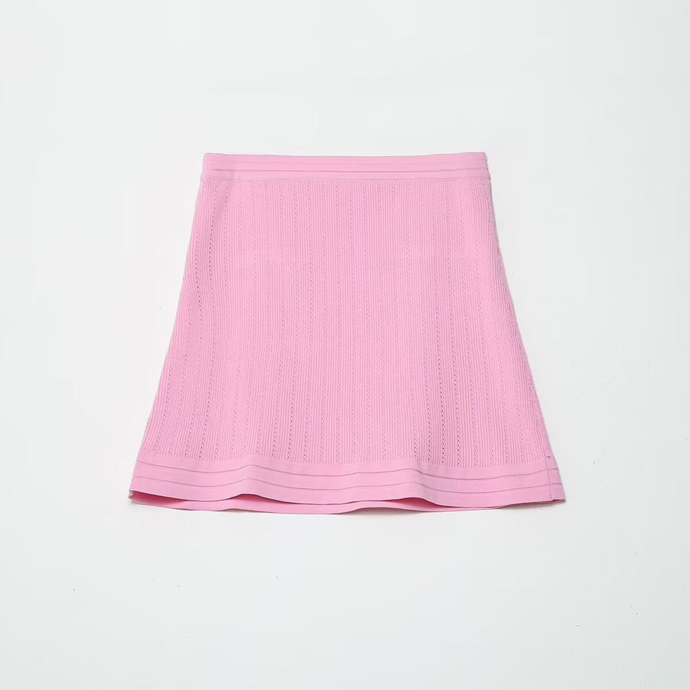 Button up round neck knitted sweater jacket+half skirt set for women — détail