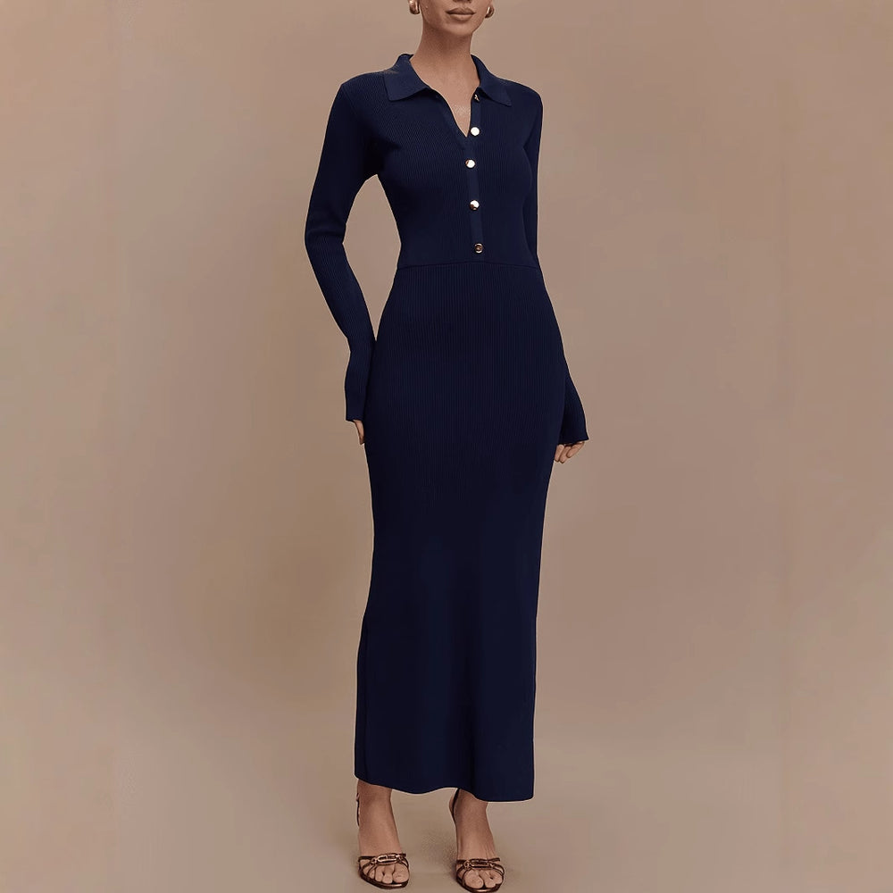 Robe longue en maille tricotée femme, slim fit, boutonnage – Élégante et chic automne-hiver — autre détail