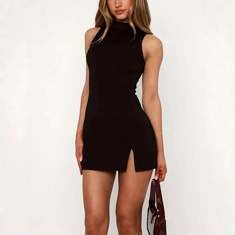 Robe élégante sans manches coutures apparentes – Style tendance uni col goutte — détail