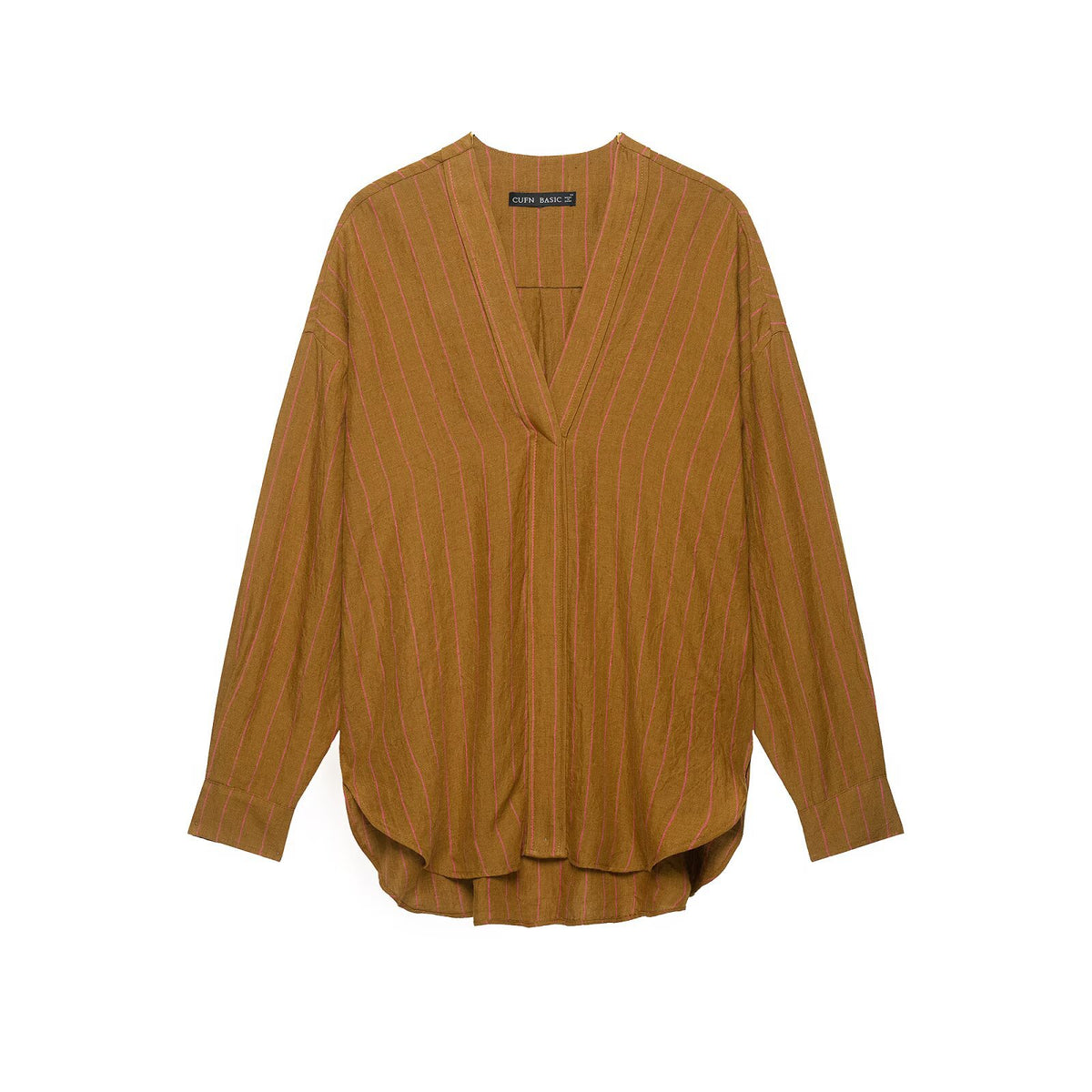 V-neck linen striped shirt+pants set for women en situation