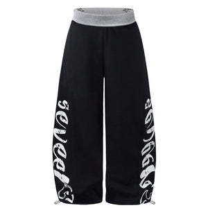 Wide Leg Sweatpants, Color Block Waistband Side Letter Print Loose Draped Casual Pants