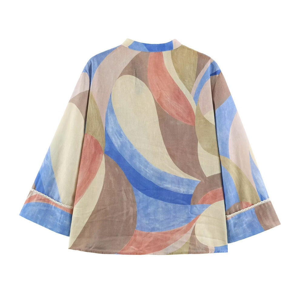 Buckle V-neck printed shirt+pants set for women — autre détail