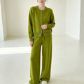 Zipper knit sweater wide leg straight leg pants solid color two-piece set — coloris Green