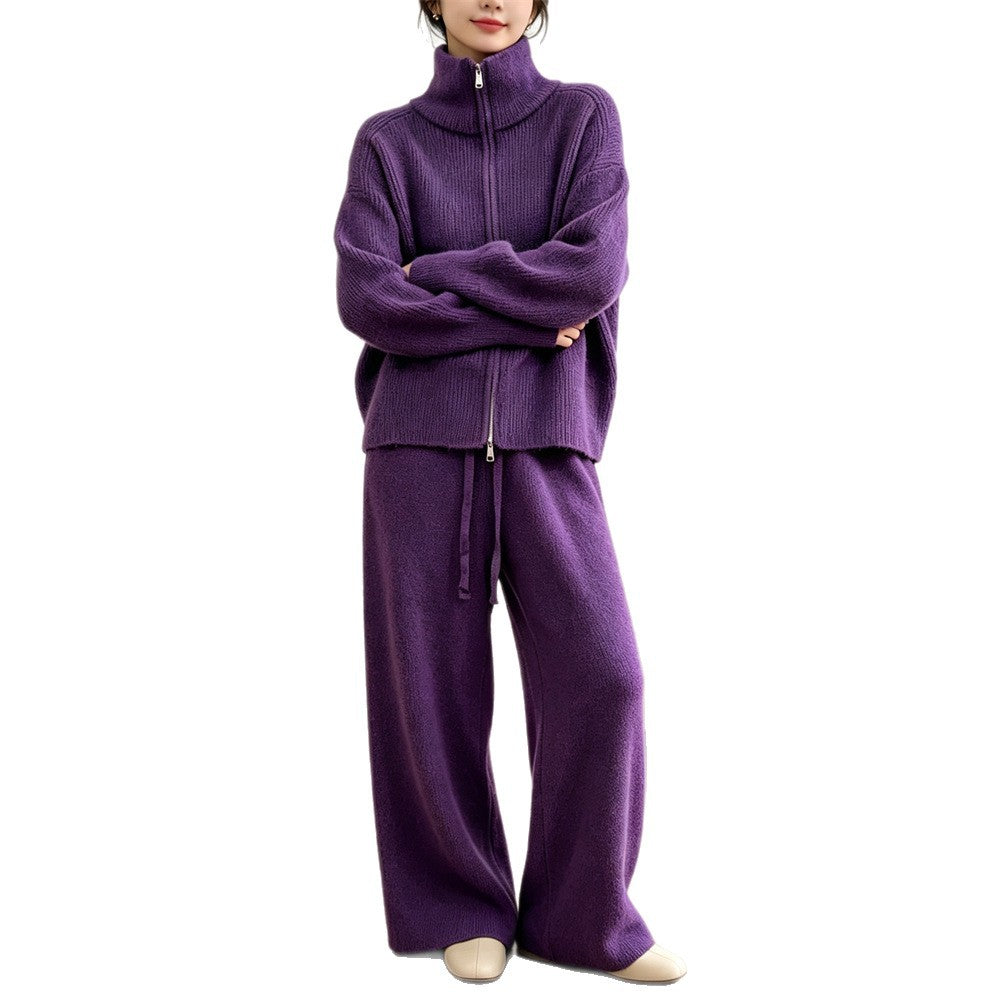 Solid color stand up collar sweater wide leg pants two-piece set for women — Détail produit