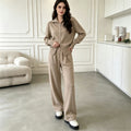 Double zipper knitted sweater cardigan wide leg pants two-piece set for women — coloris Khaki