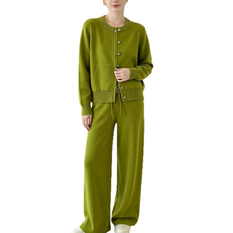 Zipper knit sweater wide leg straight leg pants solid color two-piece set — Détail produit