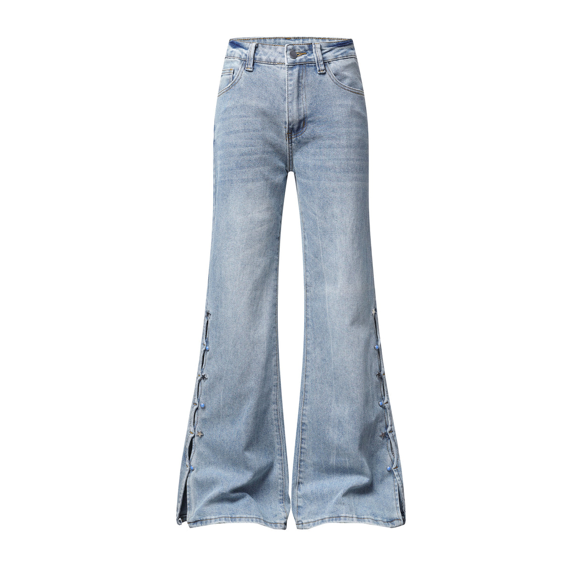 Jean bleu clair lavé légèrement évasé – Bouton étoile, fente latérale, taille haute