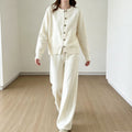Zipper knit sweater wide leg straight leg pants solid color two-piece set — coloris Off white