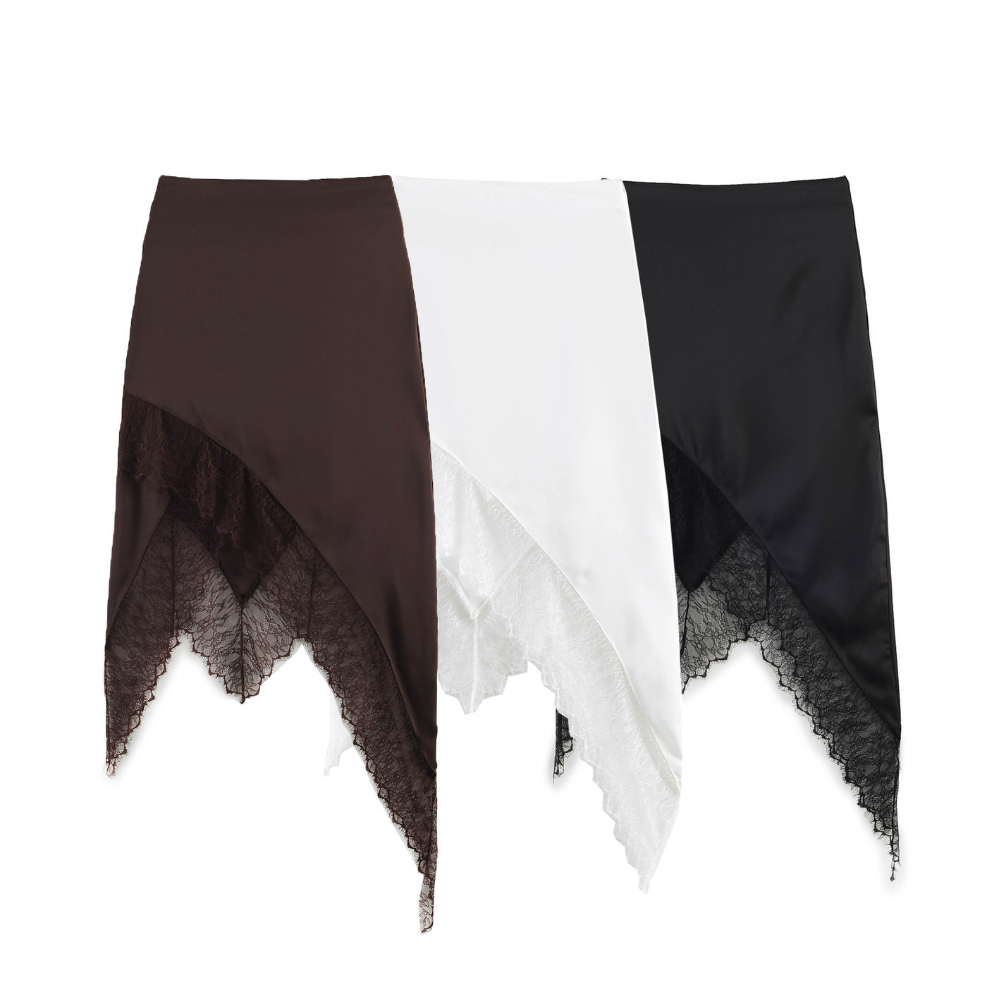 Jupe irrégulière assemblée en dentelle – Mini, style slip skirt féminin — Détail produit