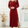 Robe mi-longue vintage imprimé léopard, col rond et manches longues – Style casual japonais et coréen — coloris Red