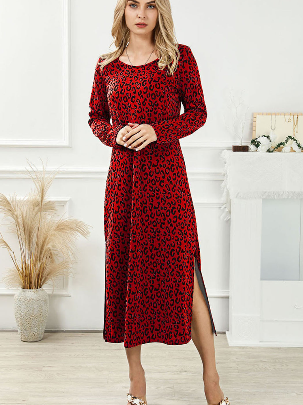 Robe mi-longue vintage imprimé léopard, col rond et manches longues – Style casual japonais et coréen — Vue produit