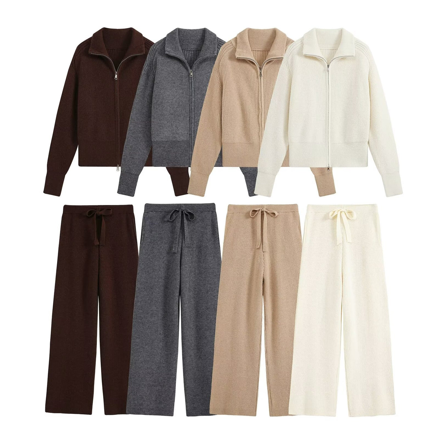 Zipper large collar knitted sweater+pants set for women — Détail produit