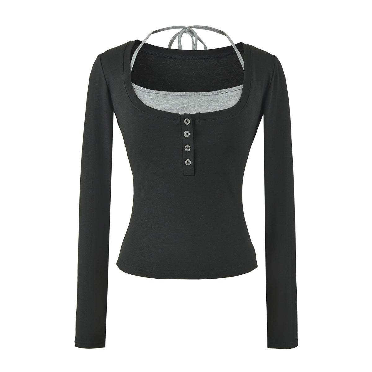 Long Sleeve Crop Henley Top with Halter Neck Built-in Chest Pads
