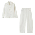 Single row buckle loose shirt+pants set for women — coloris White