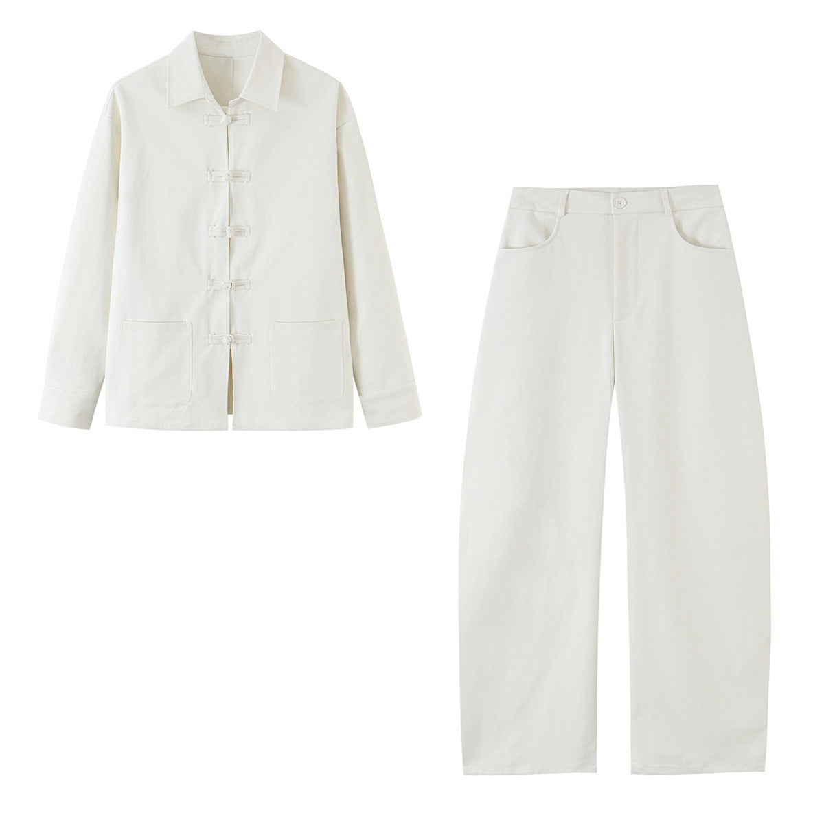 Single row buckle loose shirt+pants set for women — Vue produit