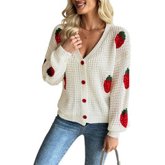 Cardigan tricoté femme à motif jacquard fraise, manches longues et col en V