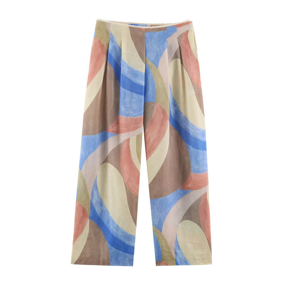 Buckle V-neck printed shirt+pants set for women — détail