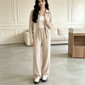 Double zipper knitted sweater cardigan wide leg pants two-piece set for women — coloris Oats