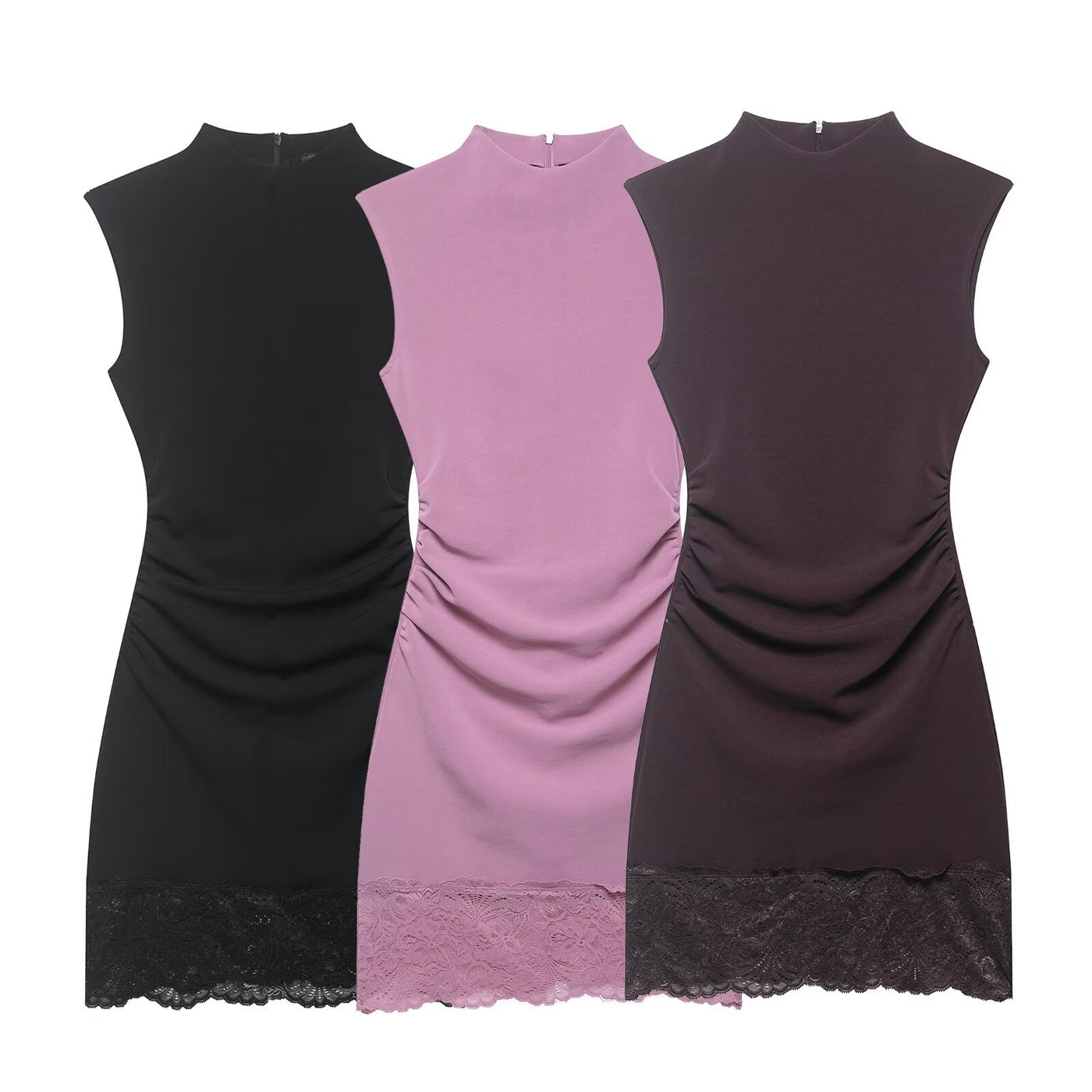 Robe courte en dentelle élastique style bureau – Sans manches, col droit — Détail produit