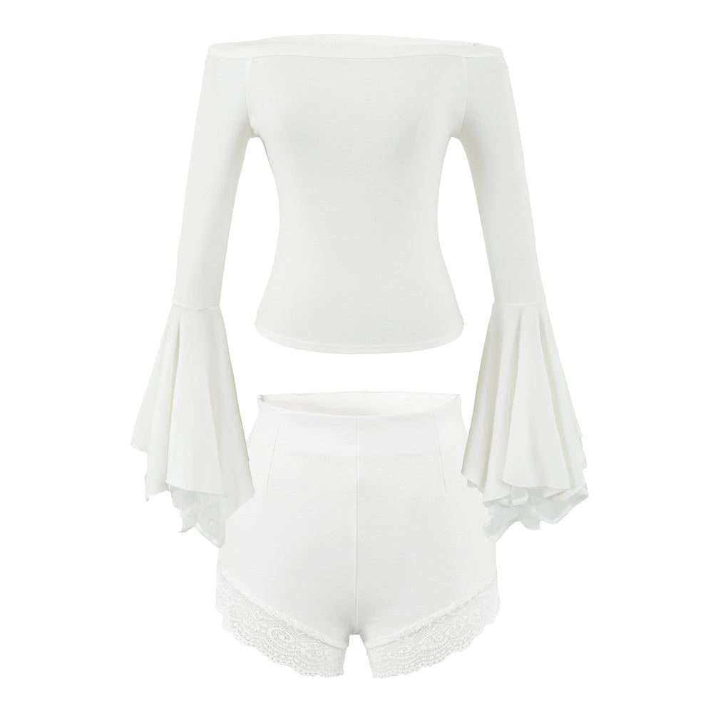 Women's Off Shoulder Flared Sleeve Slim Fit Knit Top Lace Bodycon Shorts Two Piece Set — détail