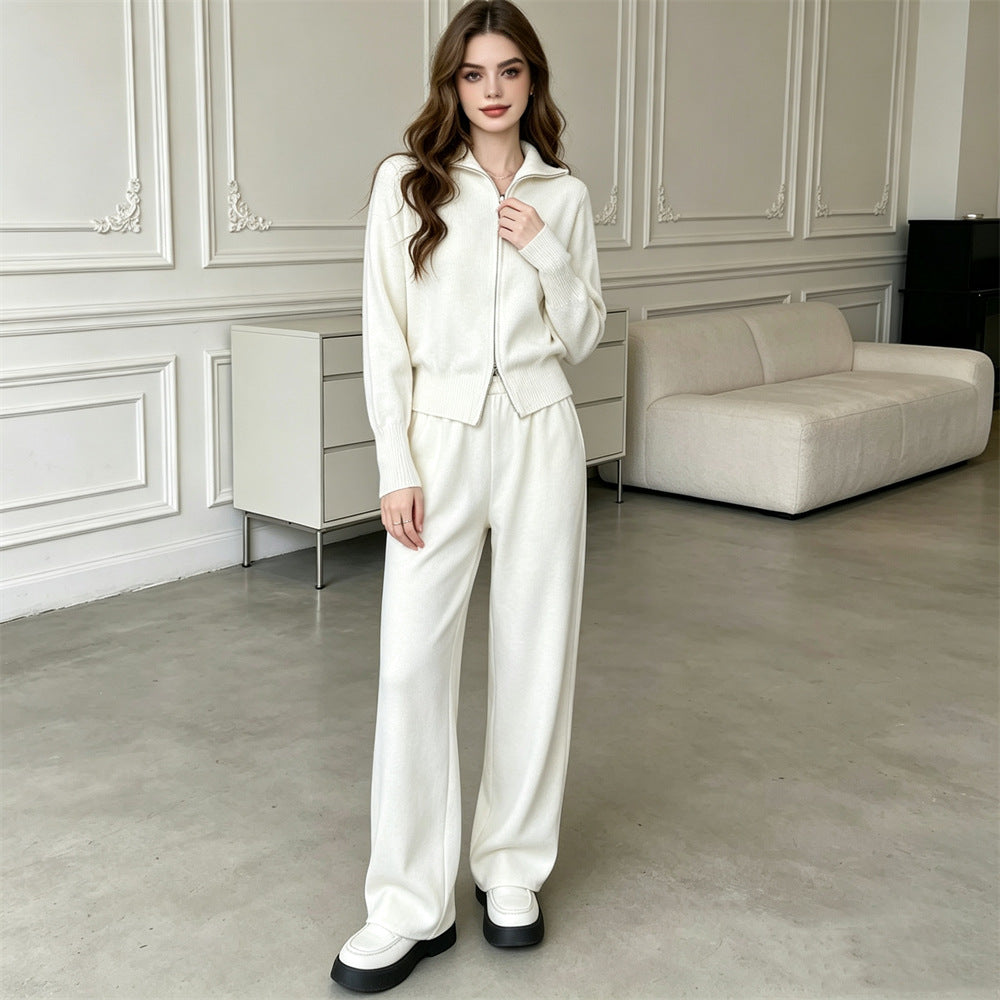 Double zipper knitted sweater cardigan wide leg pants two-piece set for women — détail