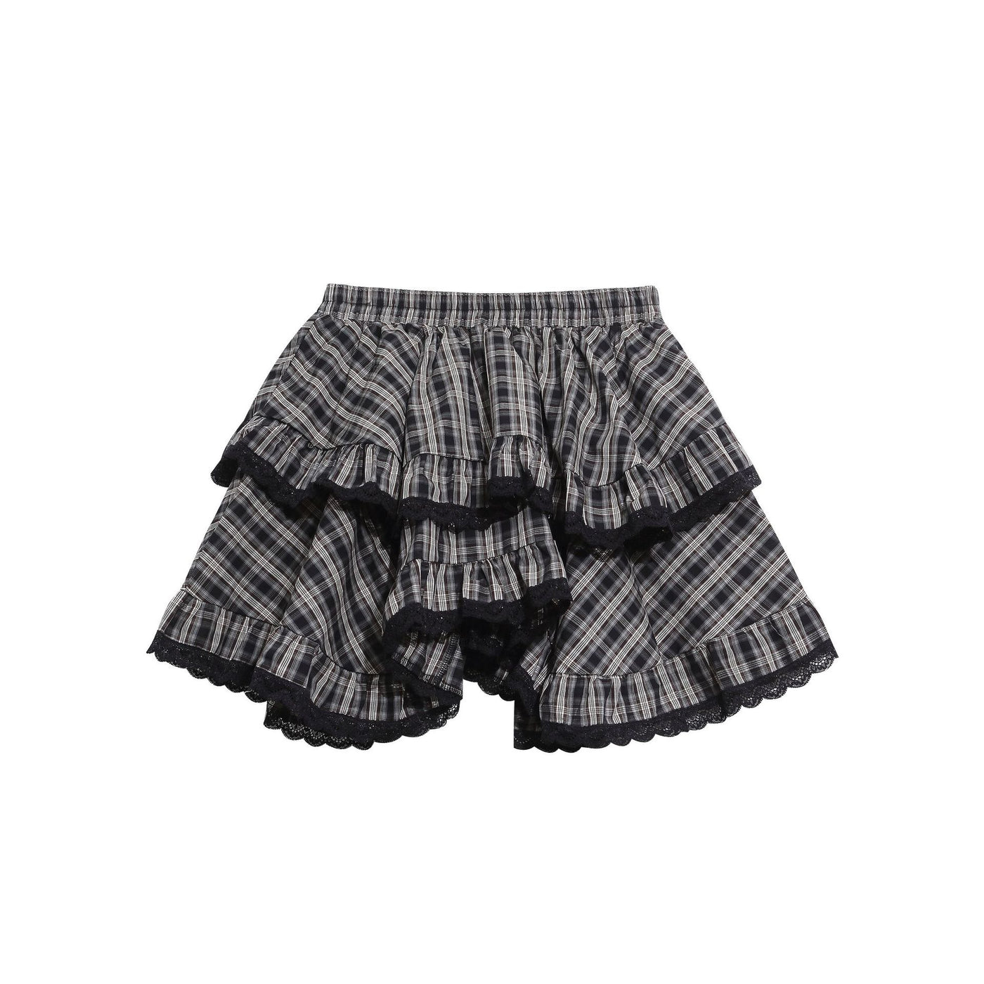 Heavy Black Lace Patchwork Plaid Skirt, Layered Ruffle Versatile Mini Skirt — Détail produit