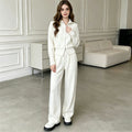 Double zipper knitted sweater cardigan wide leg pants two-piece set for women — coloris Off-white