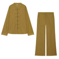 Rope knot buckle linen long sleeved shirt+pants set for women — coloris Dark Khaki Two-Piece Set