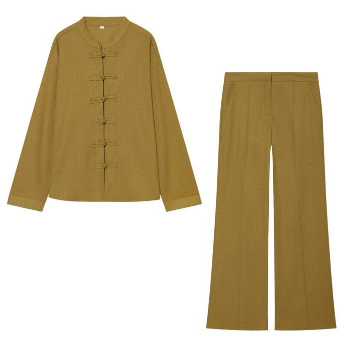 Rope knot buckle linen long sleeved shirt+pants set for women