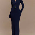 Robe longue en maille tricotée femme, slim fit, boutonnage – Élégante et chic automne-hiver — coloris Navy Blue