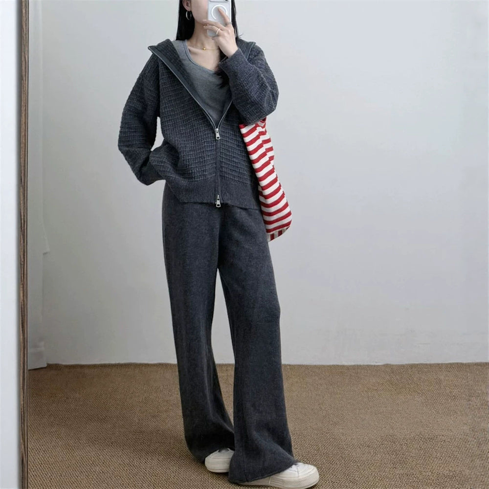Hooded cardigan sweater loose wide leg pants set — détail