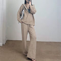 Hooded cardigan sweater loose wide leg pants set — coloris Khaki