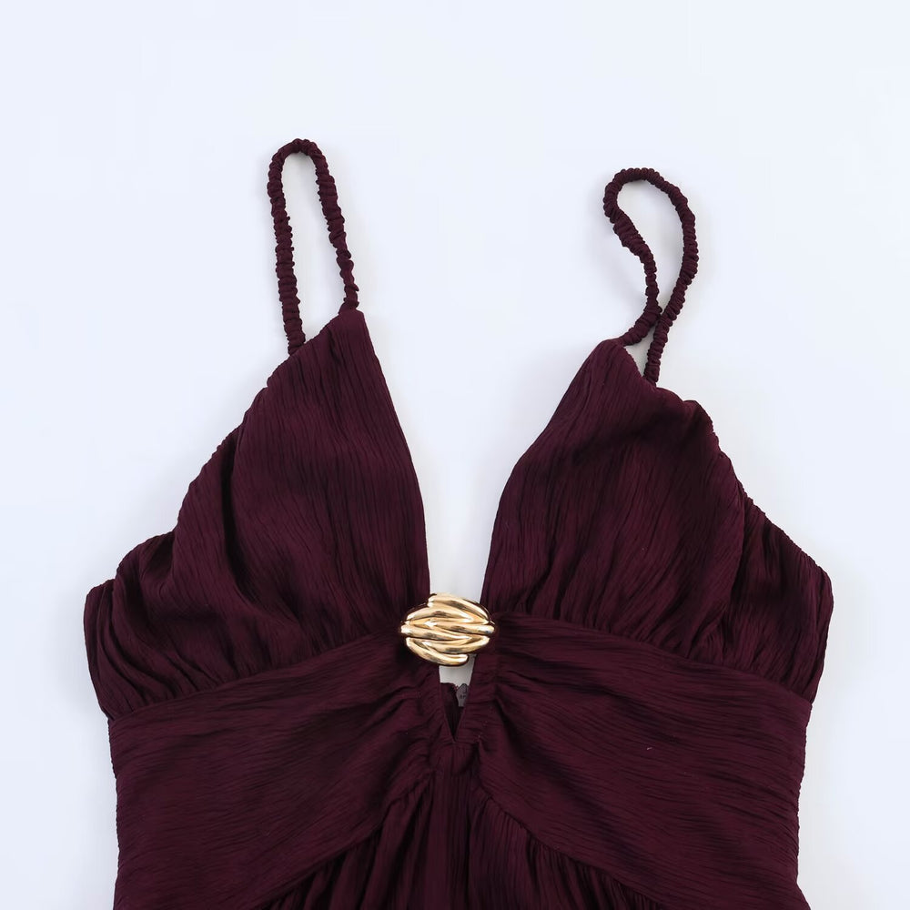 Robe midi dos nu avec accessoires décoratifs – Taille haute, sans manches — détail