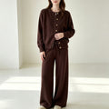 Zipper knit sweater wide leg straight leg pants solid color two-piece set — coloris Coffee