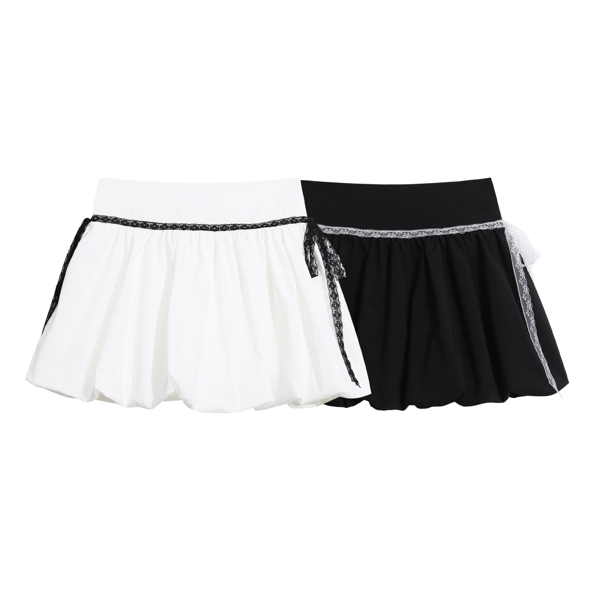 Jupe courte bouffante taille haute en dentelle – Contraste noir et blanc, style floral